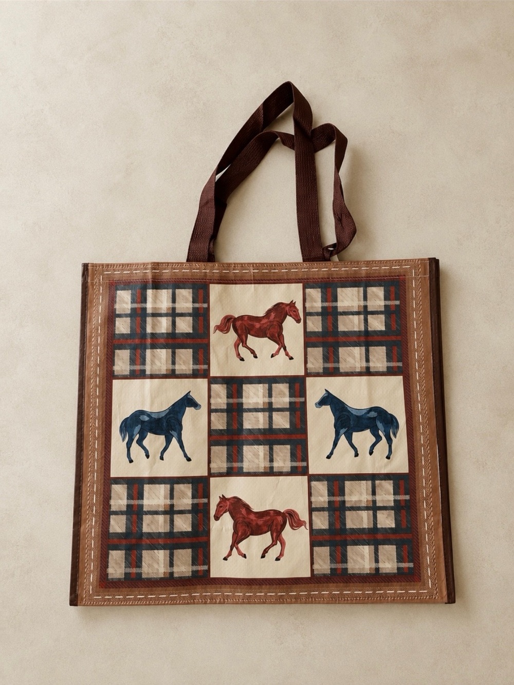Vintage horse plaid print reusable tote bag